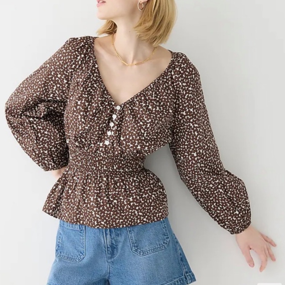 NWT J.Crew V-Neck Smocked-Waist Top in Mocha Floral, Size M